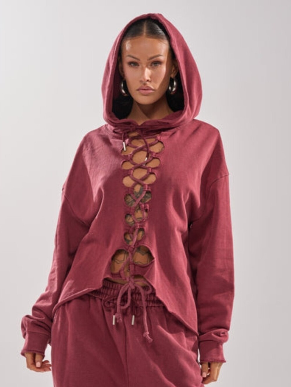 Women's Lace-Up Hoodie Top - Rose Wine M